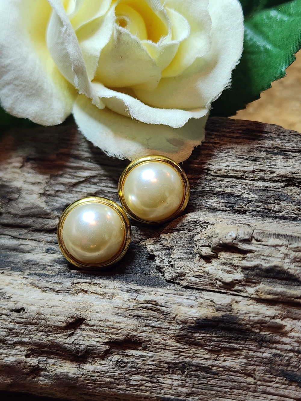 Gold Toned Clipon Earrings - Cream Pearl